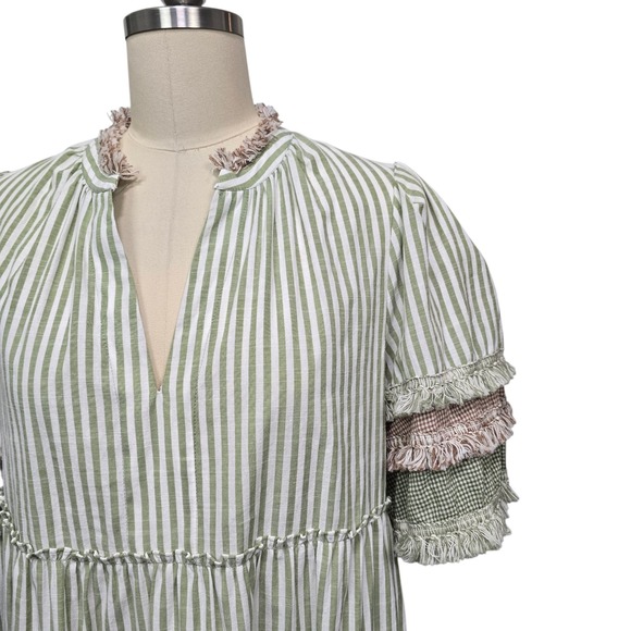 Tuckernuck Sage Green Striped Tiered Fringe Mini Dress Womens Medium Cotton M - Picture 10 of 10